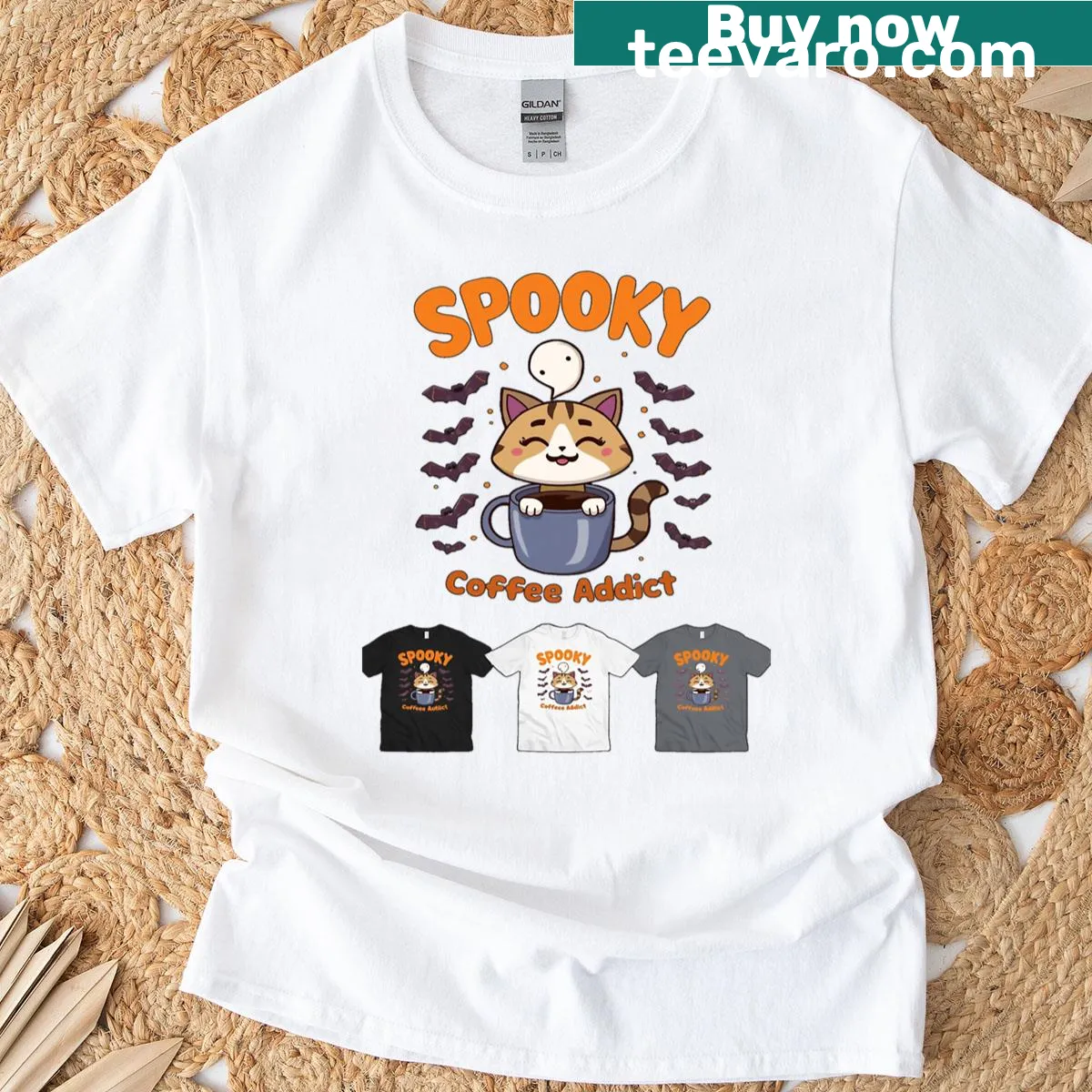 Playful Halloween T-shirt featuring coffee humor design — on a men's t-shirt