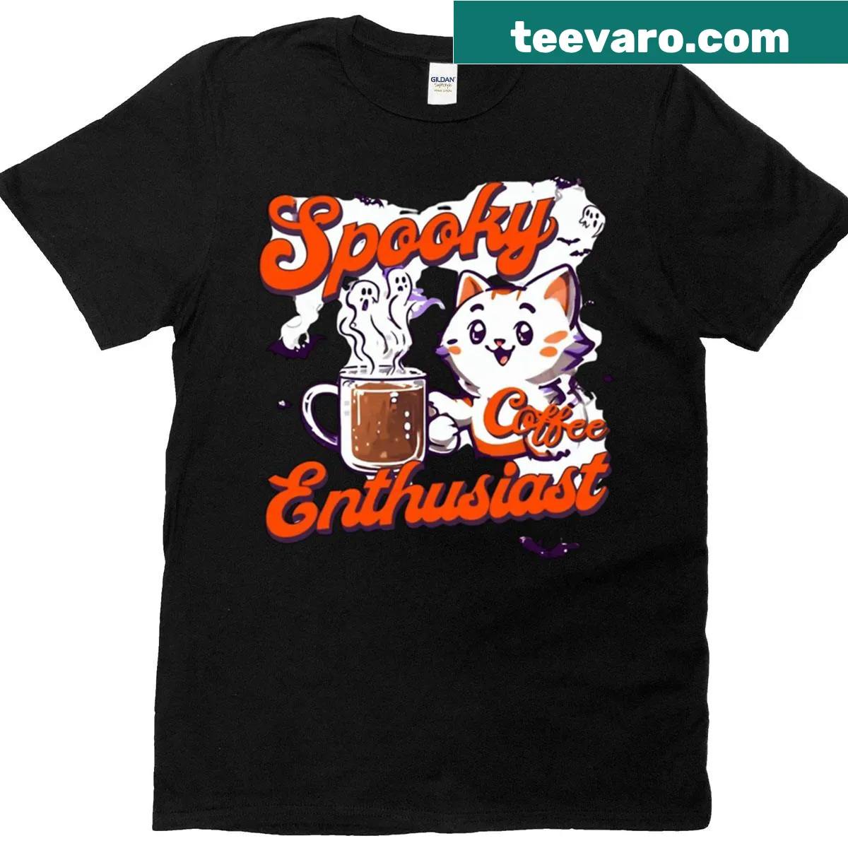 Halloween-themed coffee enthusiast T-shirt with spooky graphics — on a men's t-shirt