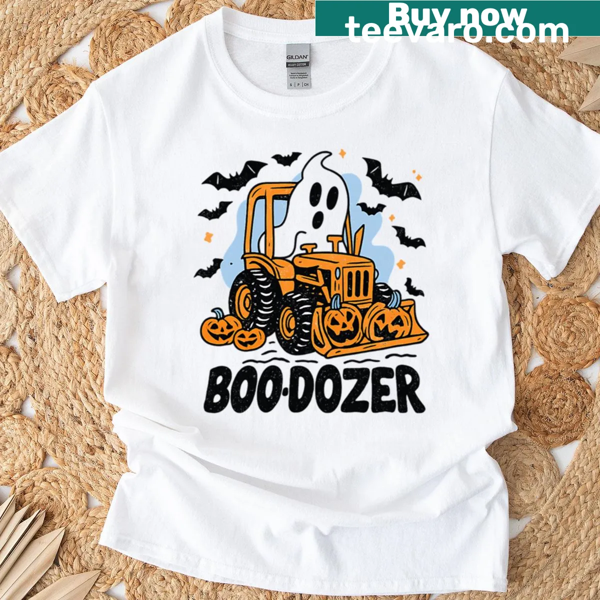 Cartoon bulldozer graphic t-shirt for Halloween — on a men's t-shirt