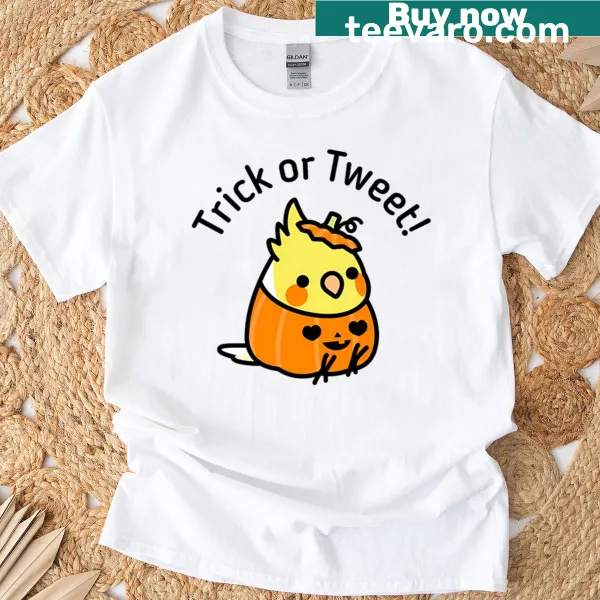 Chubby cockatiel in Halloween costume T-shirt