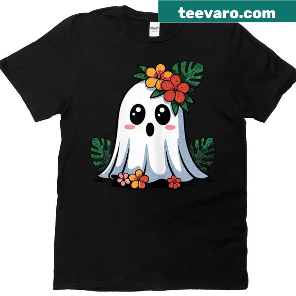 Cute Halloween t-shirt with a friendly ghost and flowers