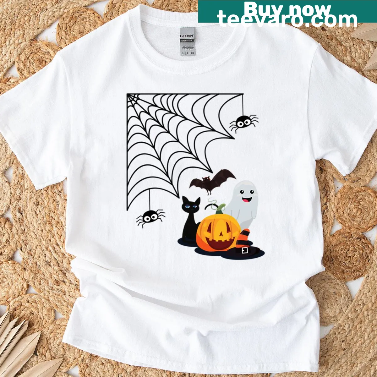 Halloween-themed t-shirt with cartoon spider cat and pumpkin design — on a men's t-shirt