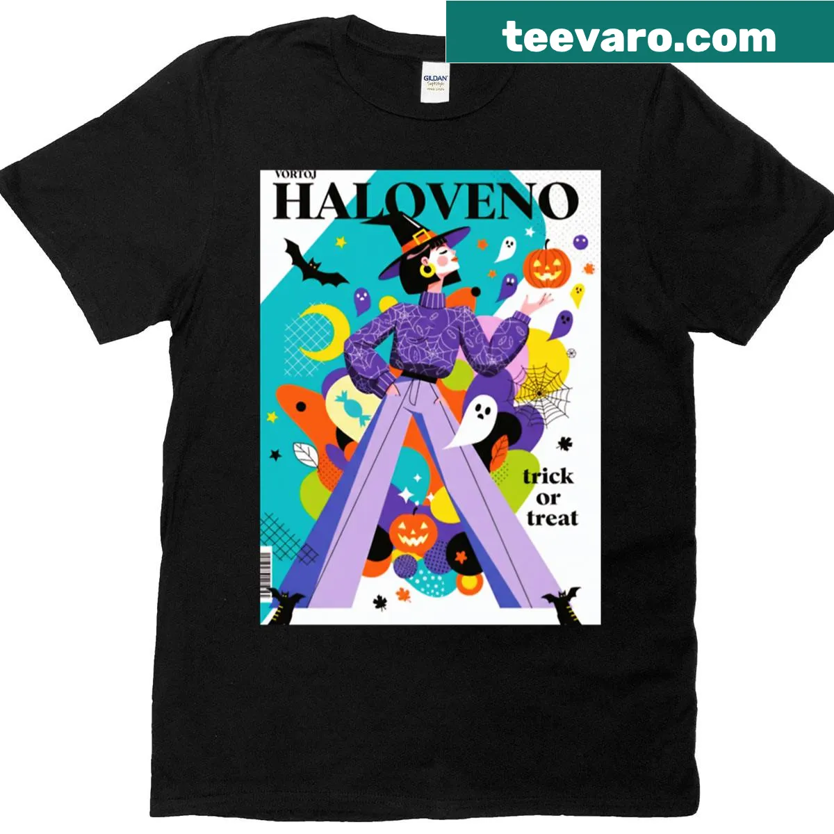 Memphis corporate-style Halloween illustration t-shirt — on a men's t-shirt