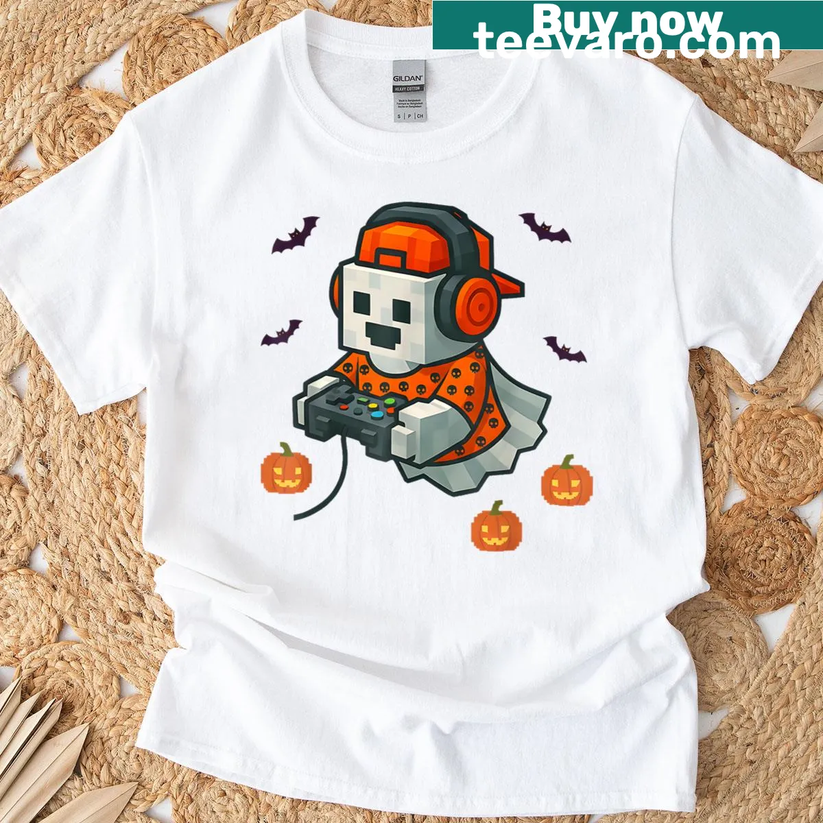 Pixelated ghost holding a gaming controller for Halloween t-shirt — on a men's t-shirt