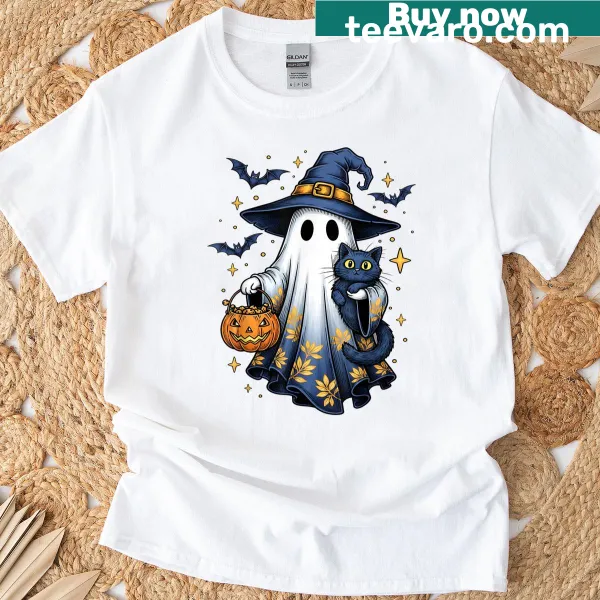 Funny Halloween t-shirt with a ghost witch and black cat