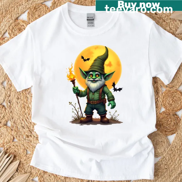 Cute Halloween shirt with a happy gnome and full moon illustration