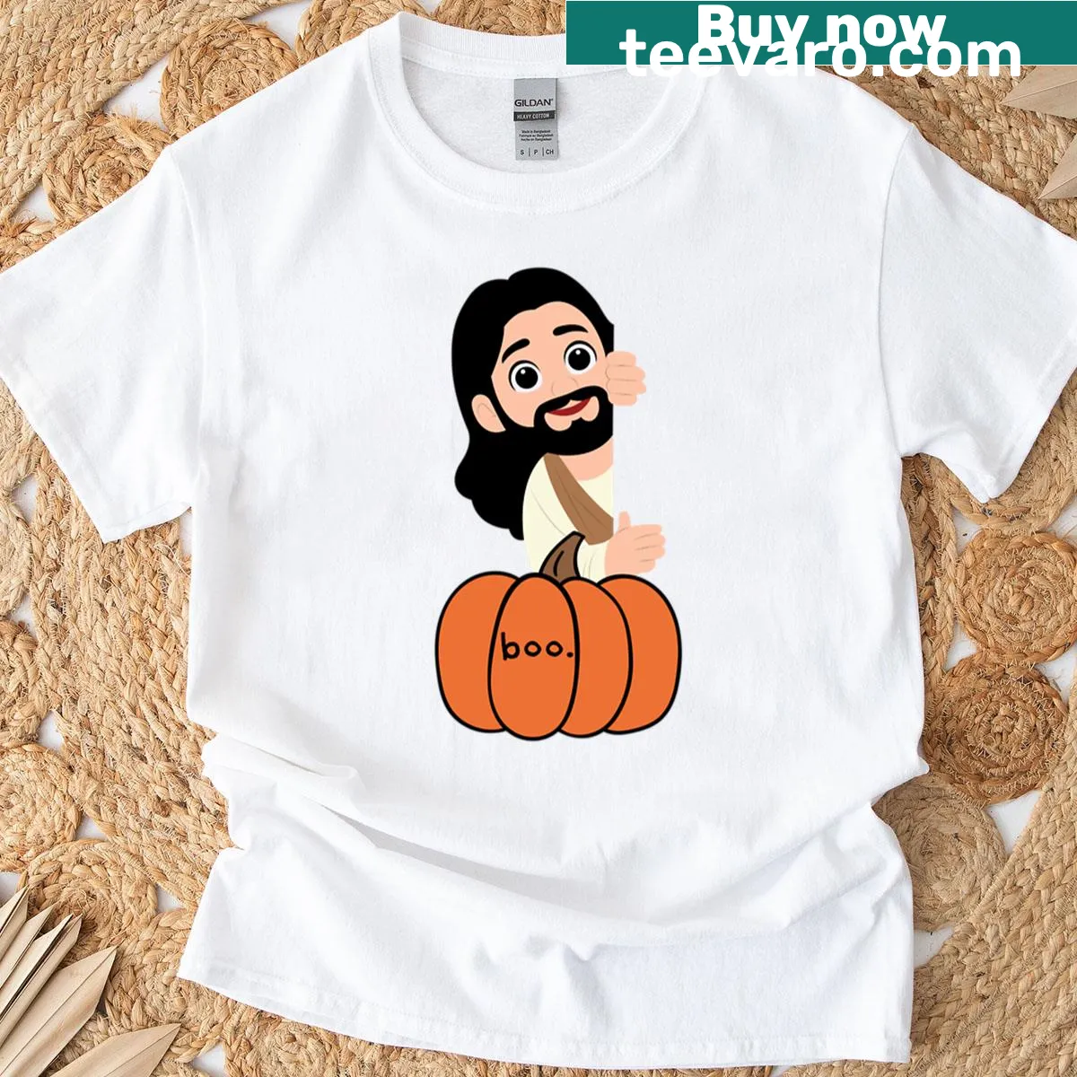 Illustrated t-shirt featuring a festive Jesus for Halloween. — on a men's t-shirt