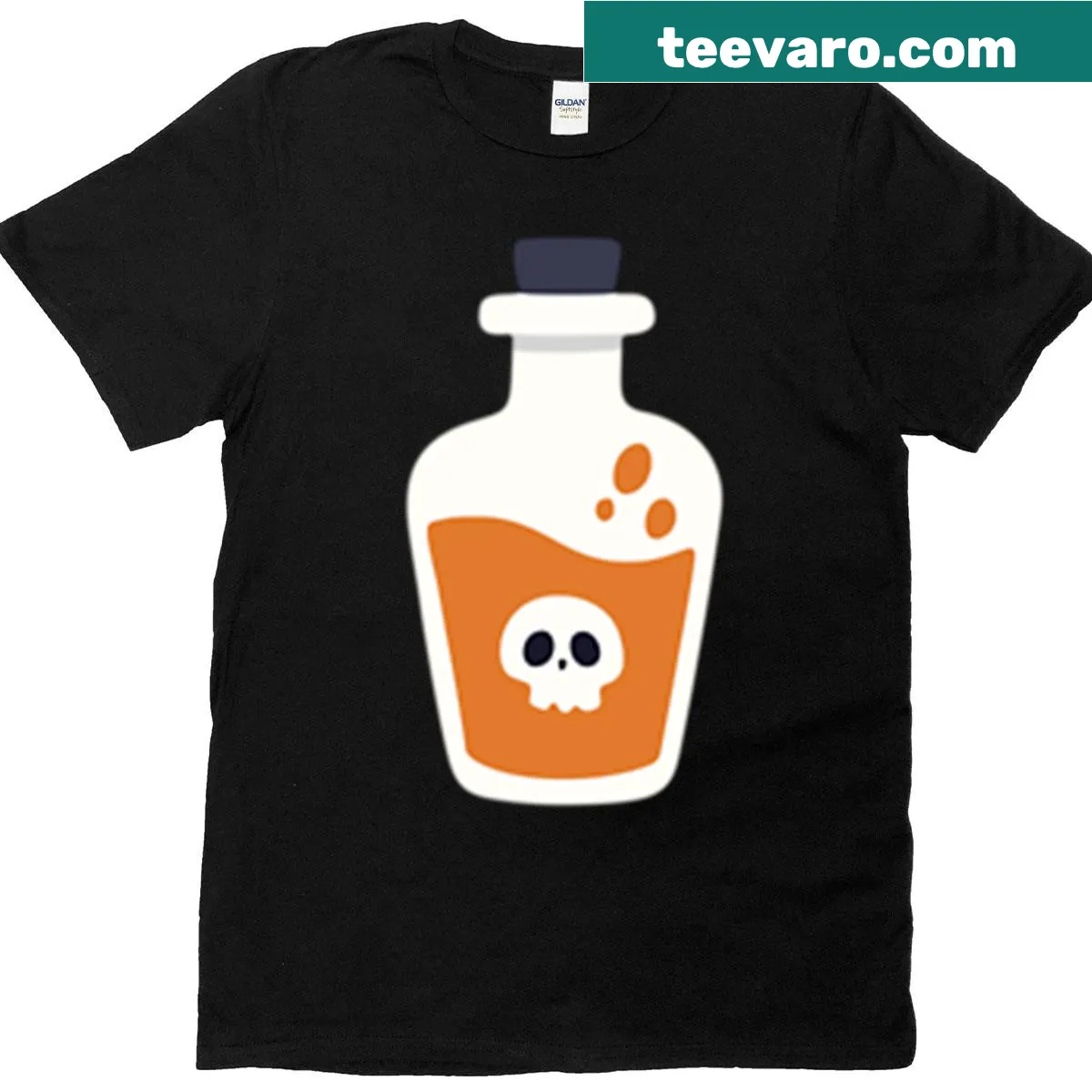 Cute Halloween T-shirt with a potion bottle and magic skull design — on a men's t-shirt