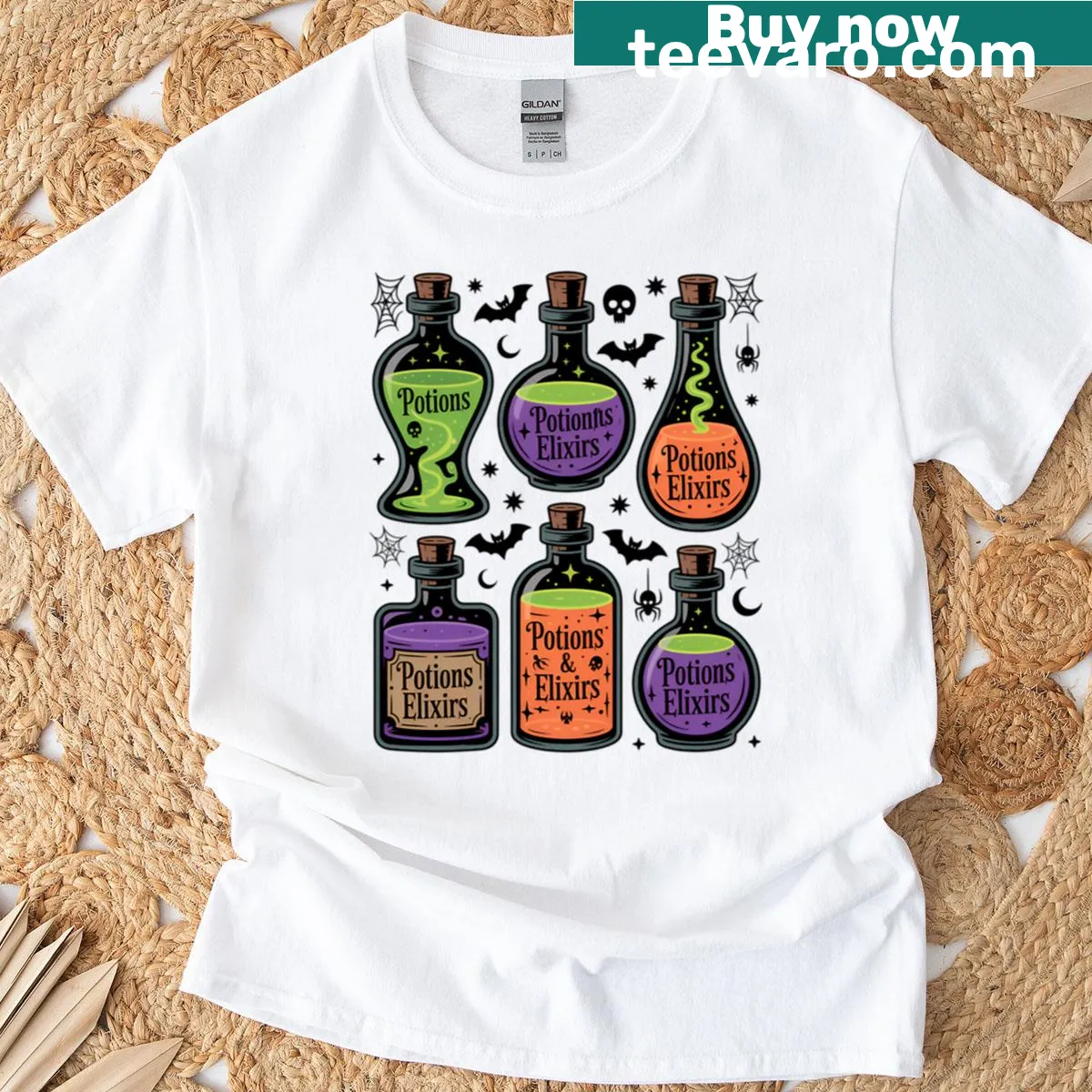 Graphic t-shirt with spooky potion and elixir bottles design — on a men's t-shirt