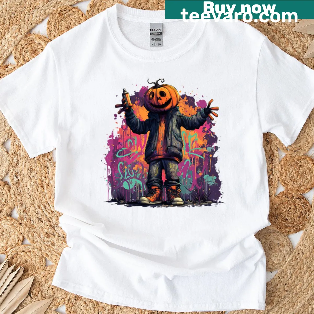 Urban graffiti style Halloween pumpkin t-shirt for art lovers — on a men's t-shirt