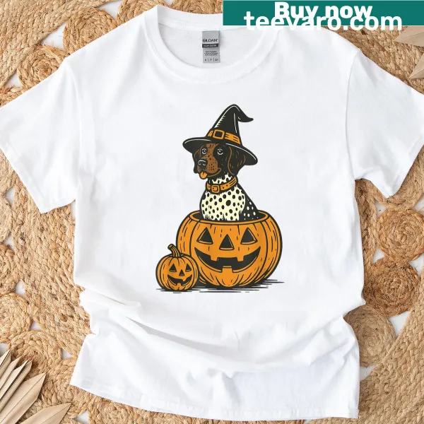 Cartoon shorthaired pointer with pumpkins for a Halloween T-shirt