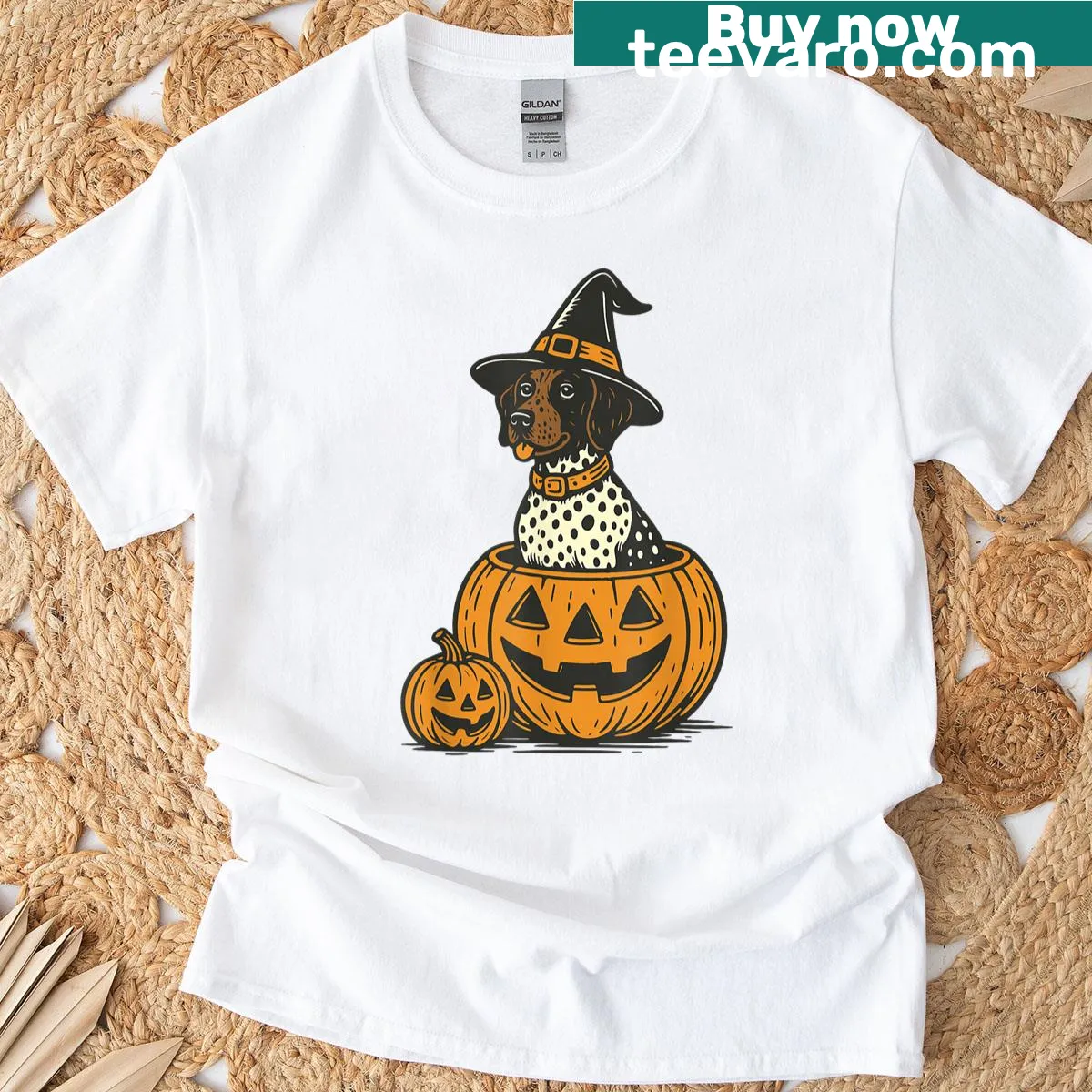 Cartoon shorthaired pointer with pumpkins for a Halloween T-shirt — on a men's t-shirt