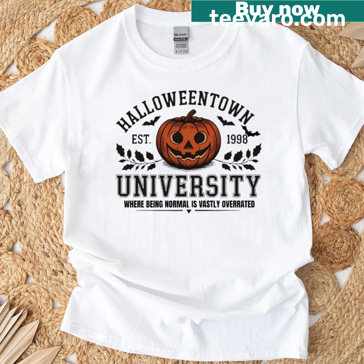 Whimsical Halloween Town University shirt for the spooky season — on a men's t-shirt