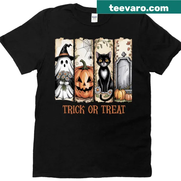 Fun Halloween Trick or Treat graphic on a t-shirt.
