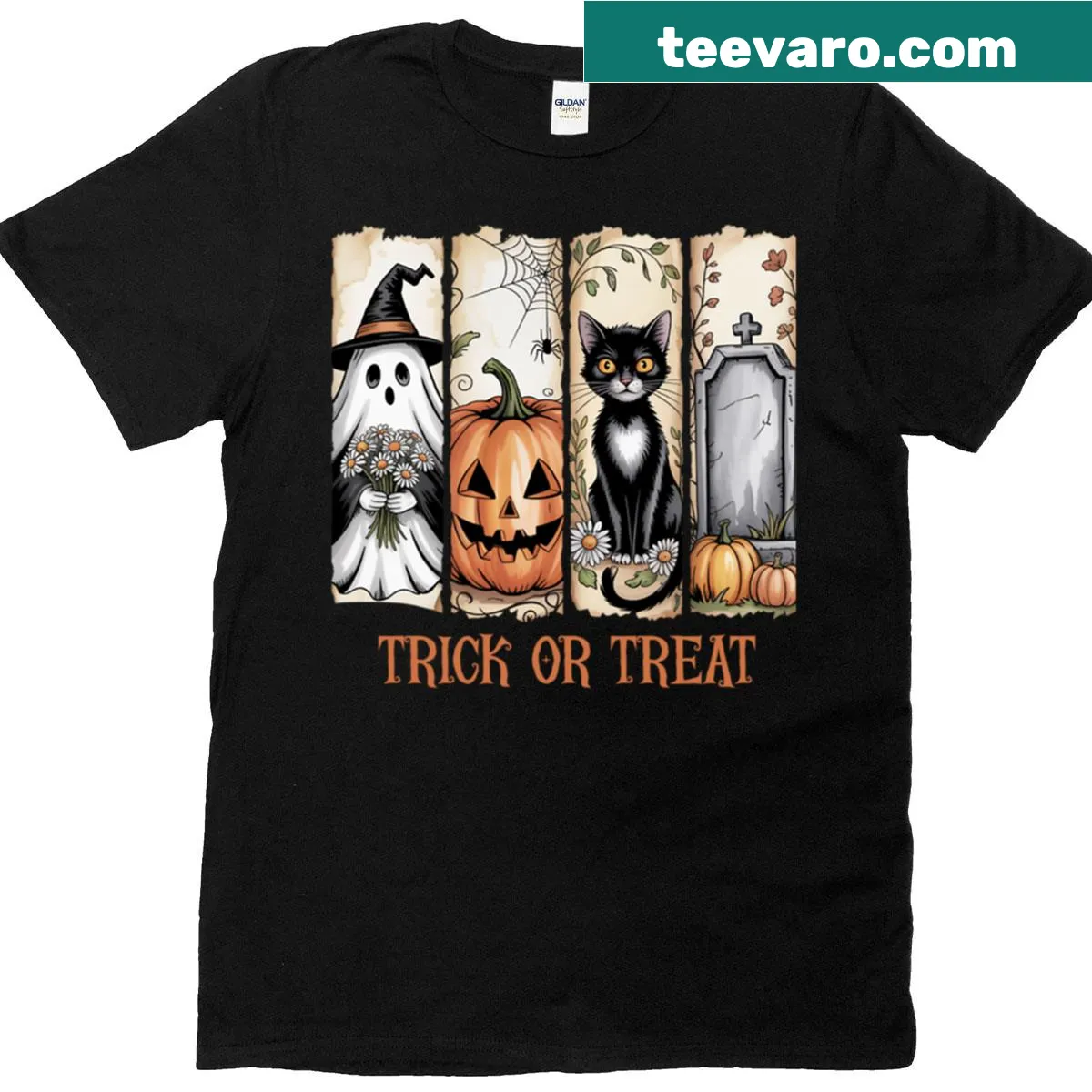 Fun Halloween Trick or Treat graphic on a t-shirt. — on a men's t-shirt
