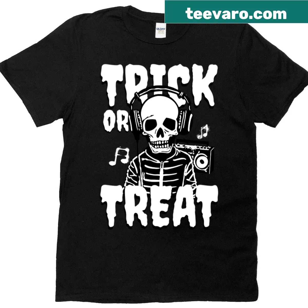 Halloween-themed shirt with musical notes and spooky illustrations — on a men's t-shirt