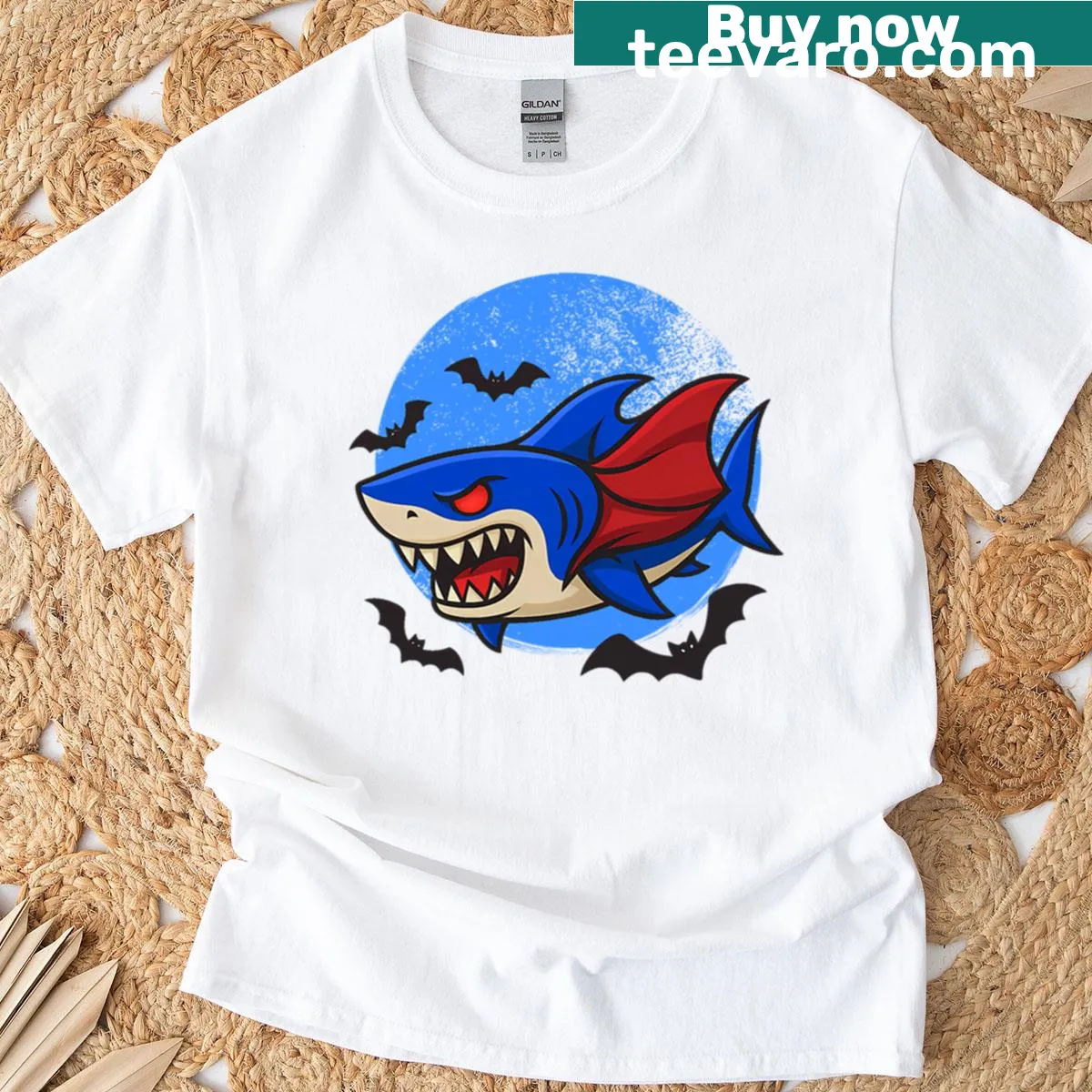 Vampire shark graphic on Halloween t-shirt — on a men's t-shirt