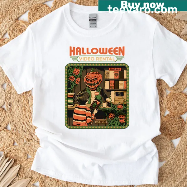 Retro T-shirt celebrating Halloween video rentals with nostalgic typography.