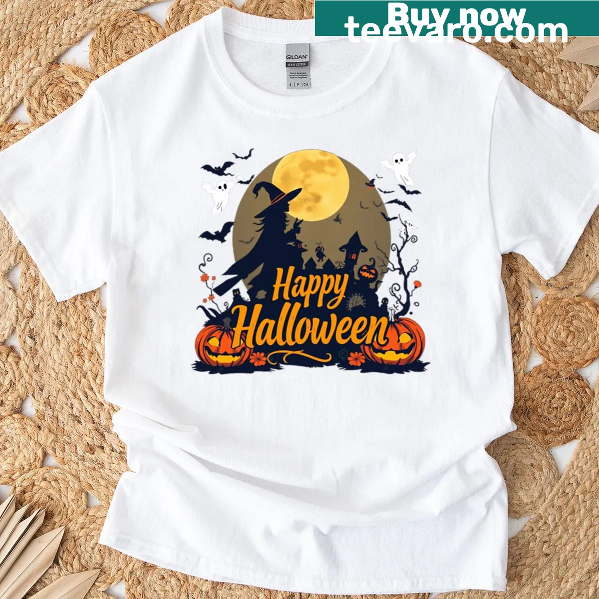 Happy Halloween shirt with witch, pumpkins, and ghosts — on a men's t-shirt