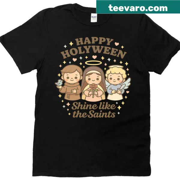 Cute Holyween t-shirt featuring a trio of angels for festive celebrations