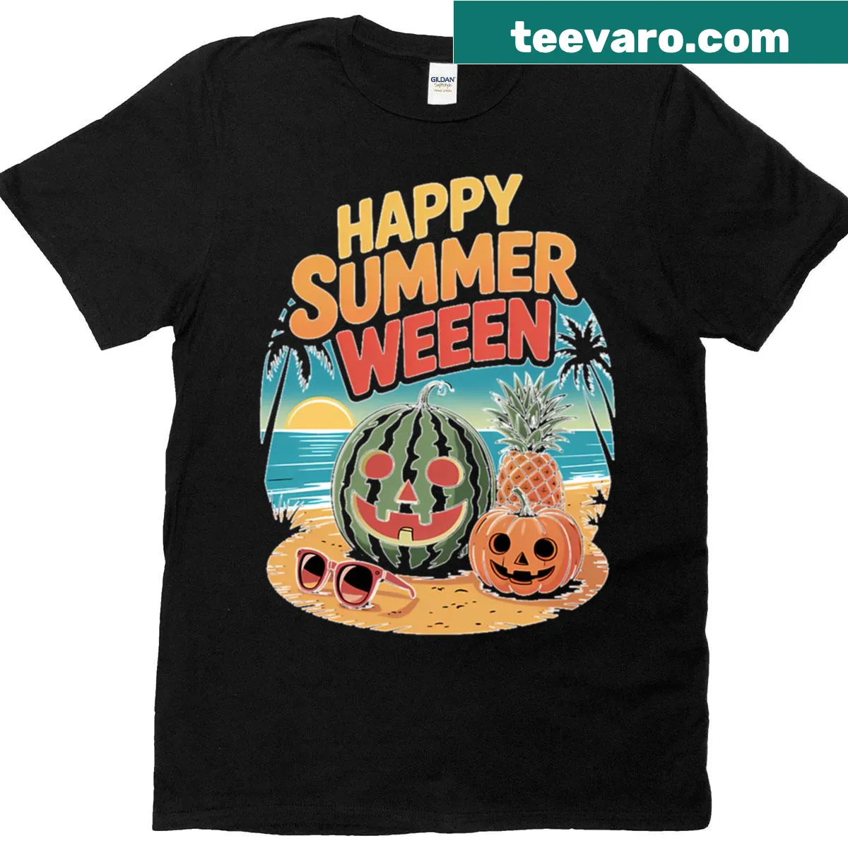 Playful Summerween shirt blending summer and Halloween themes — on a men's t-shirt