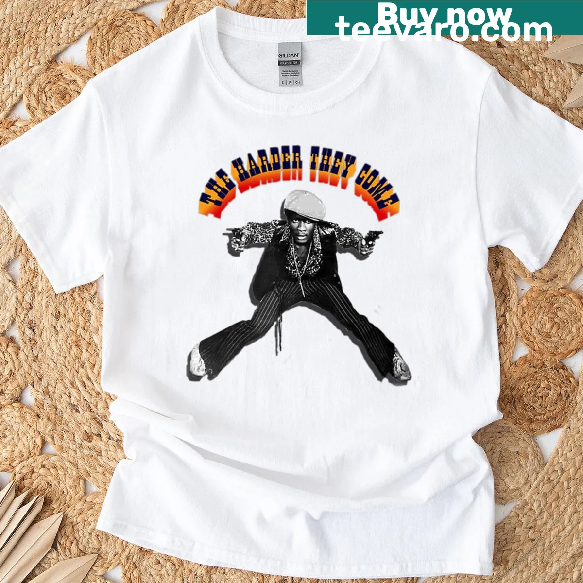 Graphic tee featuring the phrase 'Harder They Come' inspired by reggae music. — on a men's t-shirt