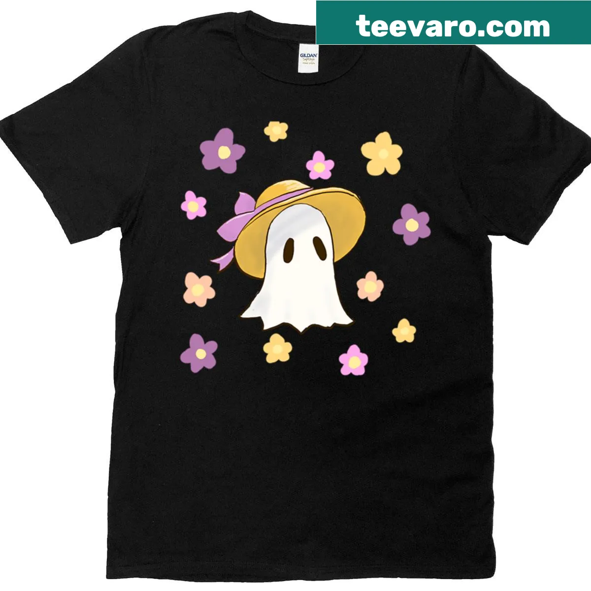 Whimsical ghost wearing a hat graphic on a Halloween-themed t-shirt. — on a men's t-shirt