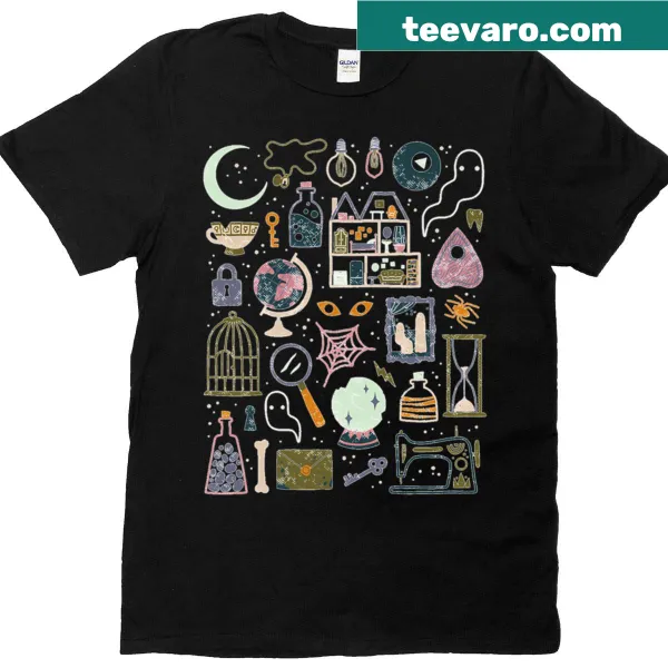 Illustrated haunted attic scene t-shirt with a spooky vibe