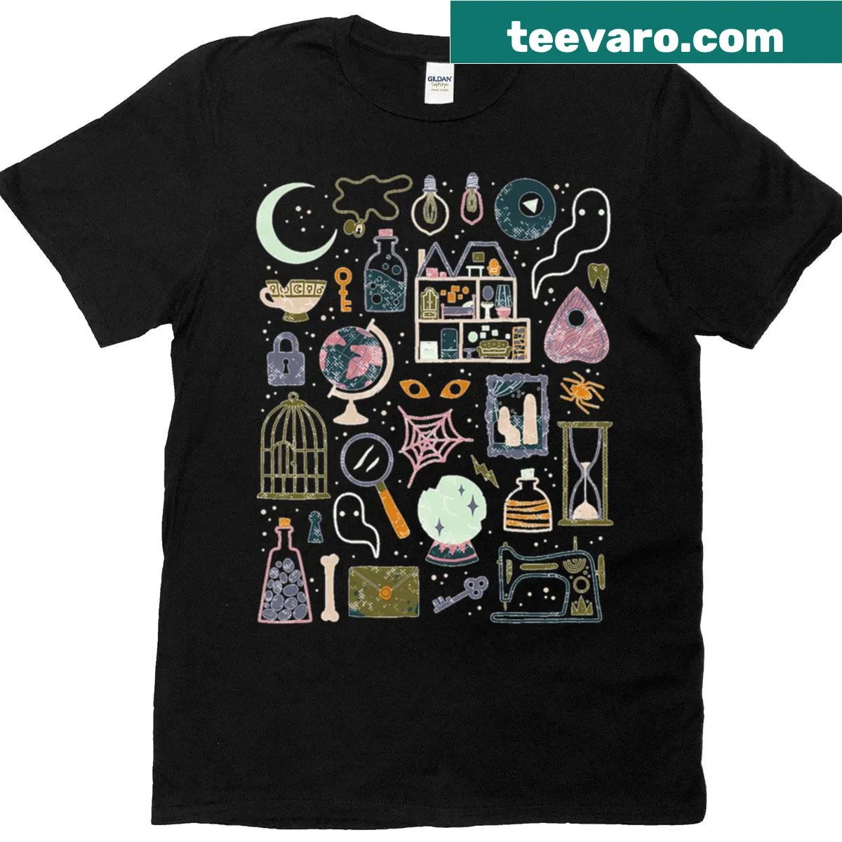 Illustrated haunted attic scene t-shirt with a spooky vibe — on a men's t-shirt