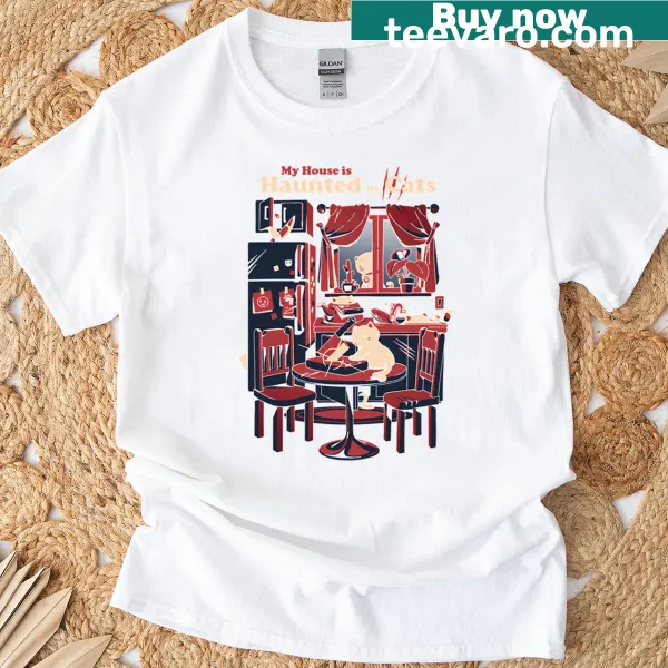Shirt with 'Haunted By Cats' text and whimsical cat illustrations