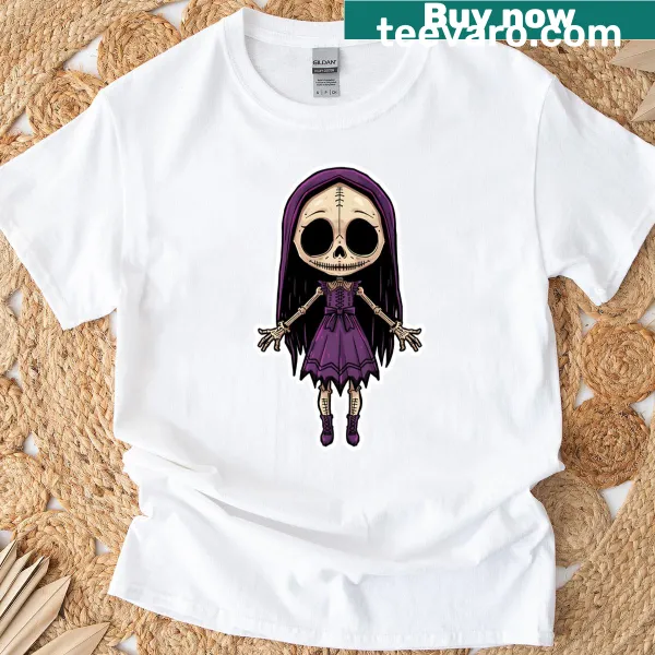 Gothic ghost girl illustration on Halloween-themed shirt