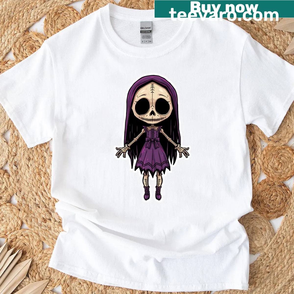 Gothic ghost girl illustration on Halloween-themed shirt — on a men's t-shirt