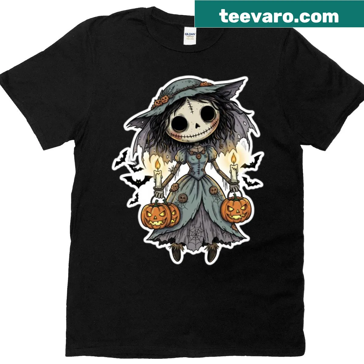 Oversized Halloween t-shirt with a creepy pumpkin spirit illustration — on a men's t-shirt
