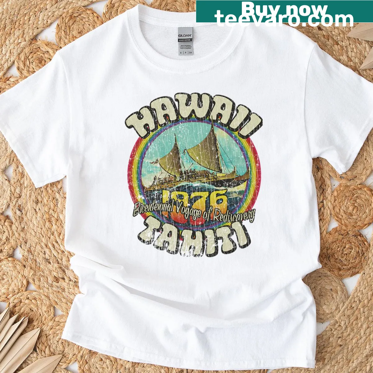 1976 Bicentennial Voyage graphic T-shirt celebrating Hawaii to Tahiti — on a men's t-shirt