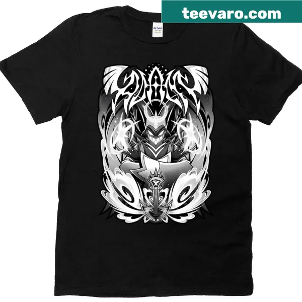 Illustration of Adam from Hazbin Hotel in a metal design on a t-shirt