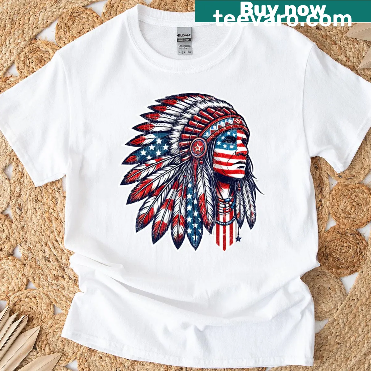 T-shirt featuring a Native American chief headdress design — on a men's t-shirt