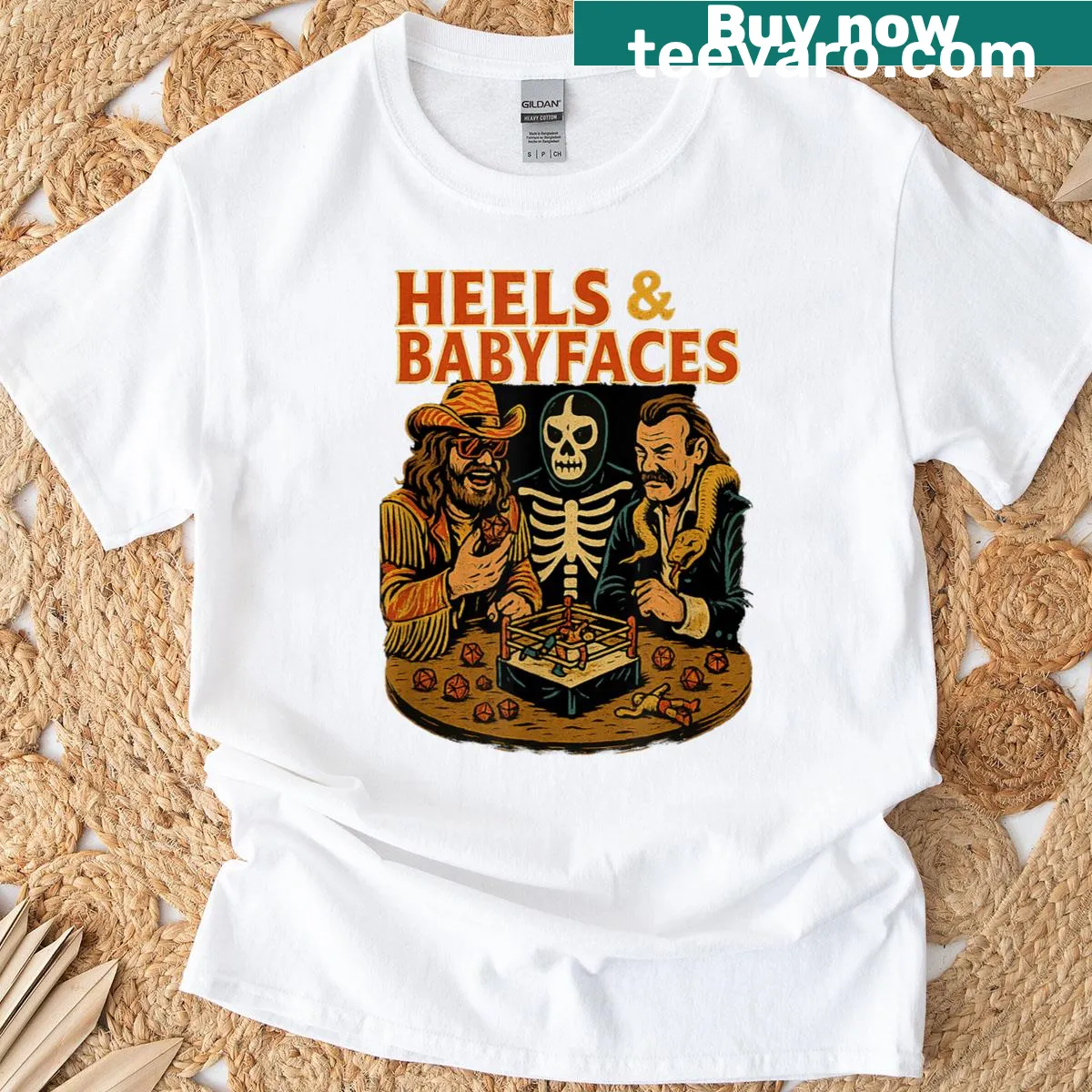 Retro T-shirt celebrating wrestling and tabletop RPGs. — on a men's t-shirt