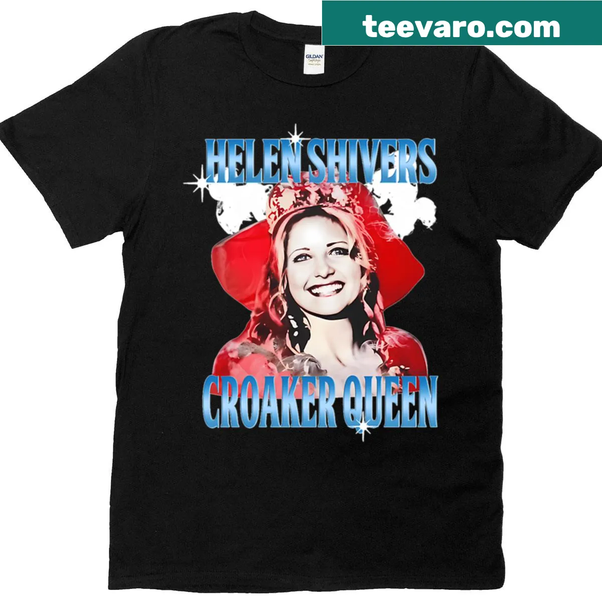 Cartoon t-shirt featuring Helen Shivers as Croaker Queen — on a men's t-shirt