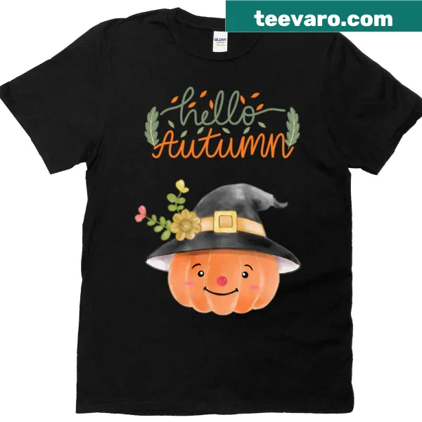 Whimsical pumpkin wearing a witch hat on an autumn-themed t-shirt