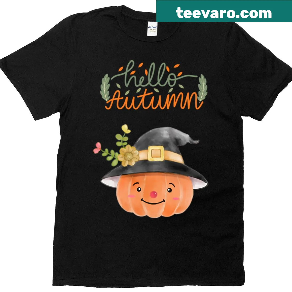 Whimsical pumpkin wearing a witch hat on an autumn-themed t-shirt — on a men's t-shirt