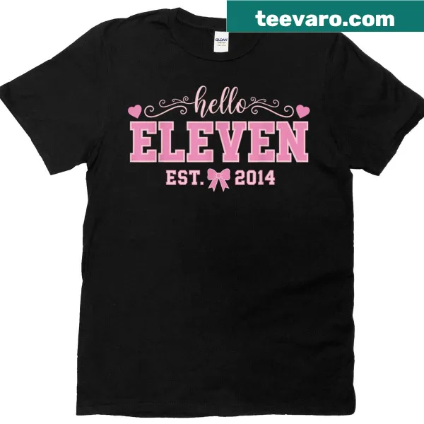 Birthday-themed shirt with 'Hello Eleven Est 2014' text and a bow