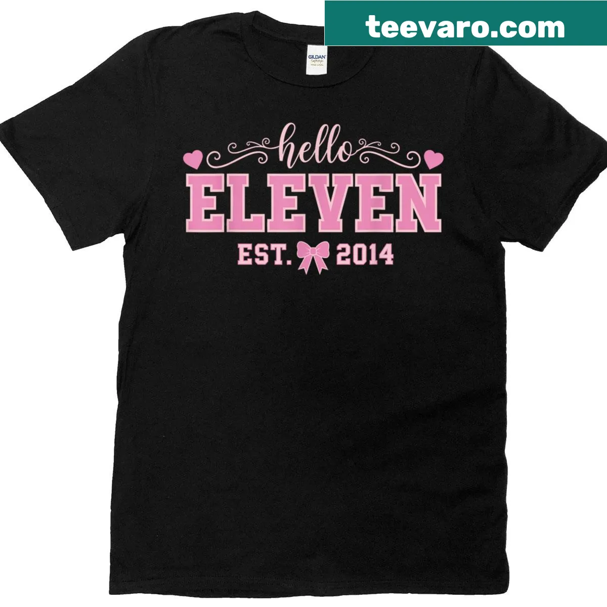 Birthday-themed shirt with 'Hello Eleven Est 2014' text and a bow — on a men's t-shirt