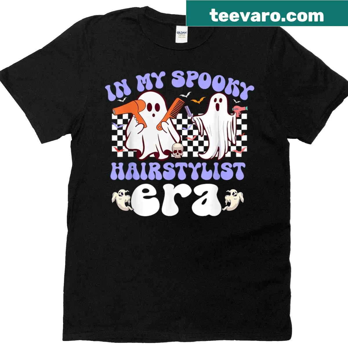 Whimsical ghost illustration with hairstyling tools for Halloween — on a men's t-shirt