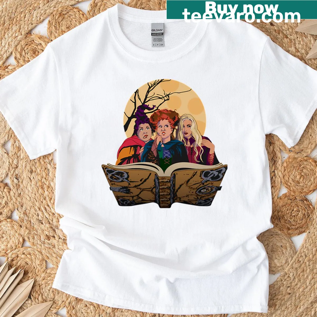 Hocus Pocus T-shirt featuring the Sanderson Sisters illustration — on a men's t-shirt
