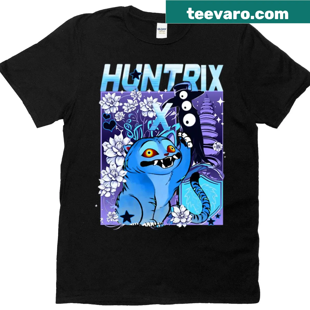 Whimsical illustration of cats and flowers on T-shirt — on a men's t-shirt