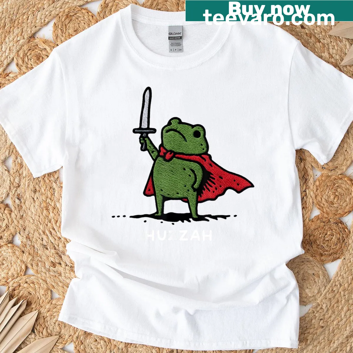 Funny t-shirt with a cartoon frog knight and the quote 'Huzzah!' — on a men's t-shirt