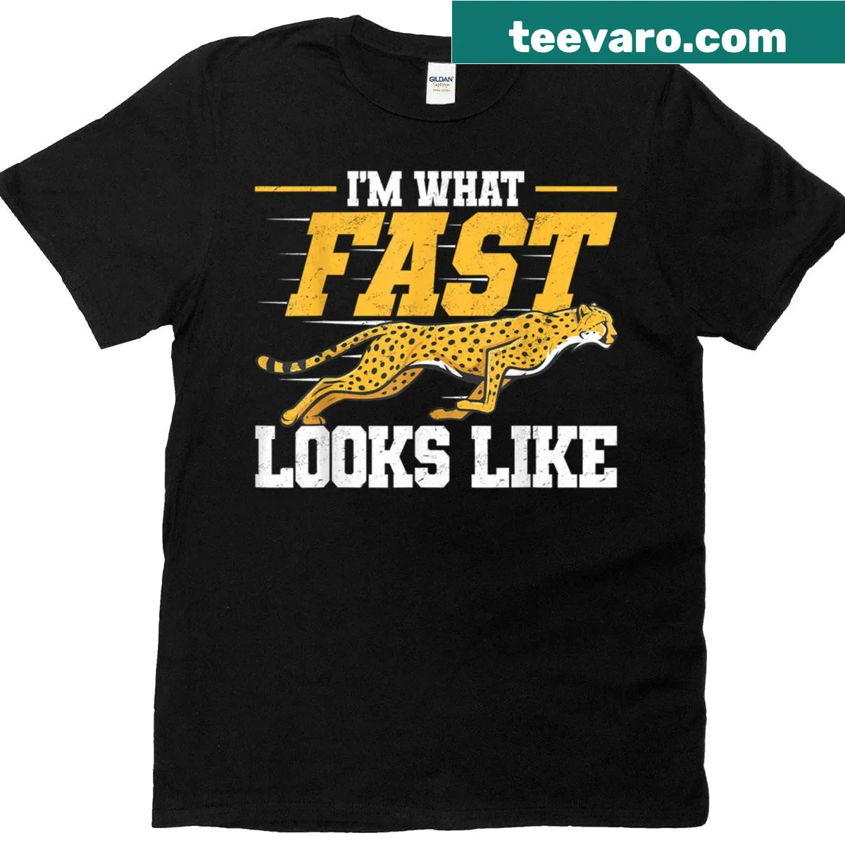 Bold typography and cheetah graphic on a fitness-themed t-shirt — on a men's t-shirt