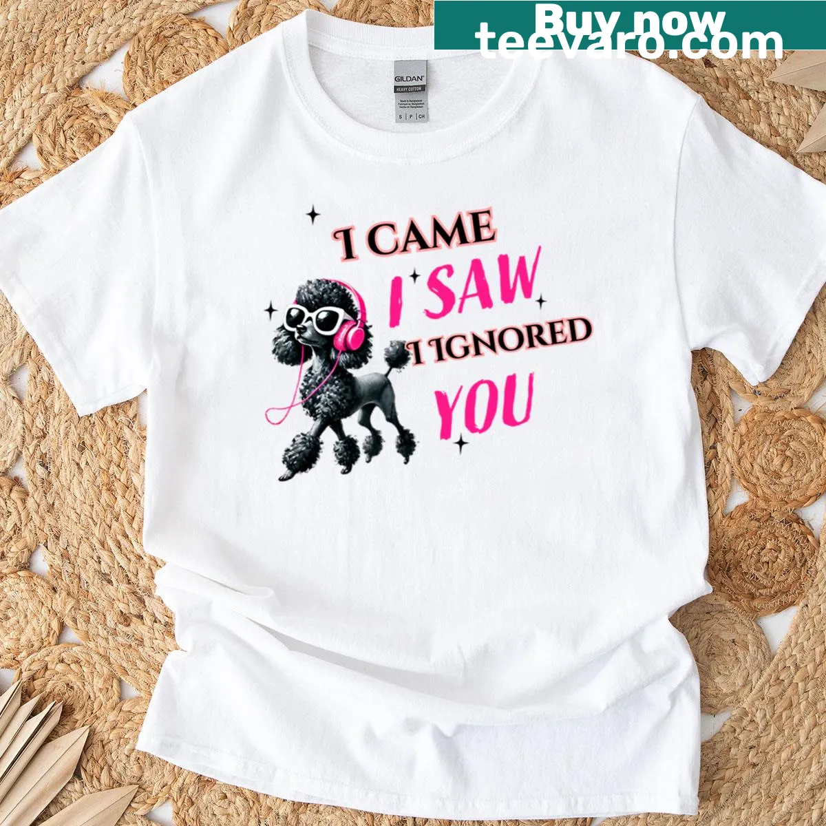 Sarcastic t-shirt with a poodle graphic and humorous text — on a men's t-shirt