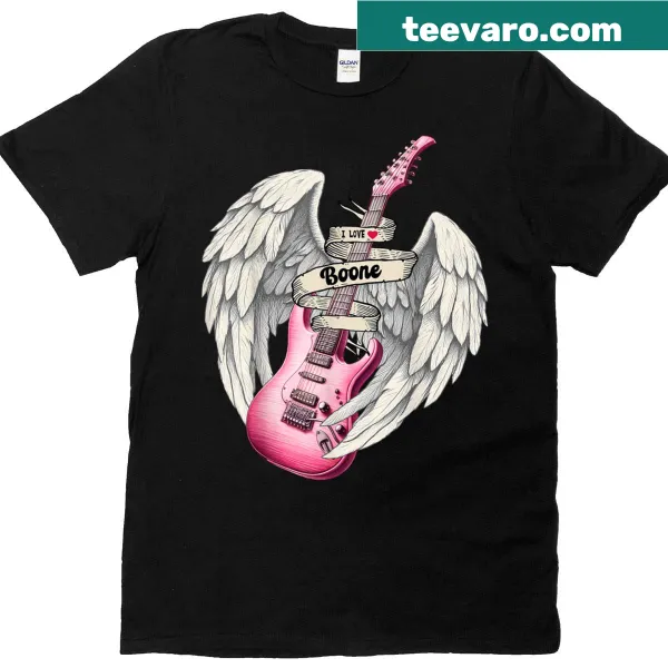 Illustrated T-shirt with a pink guitar and angel wings design