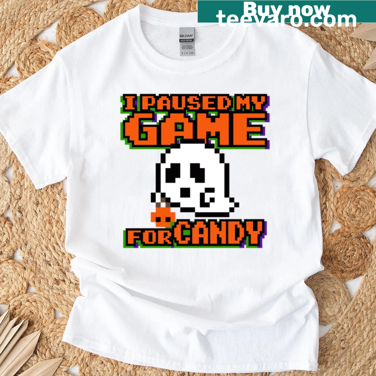 Retro t-shirt with the phrase I Paused My Game For Candy in playful graphics — on a men's t-shirt